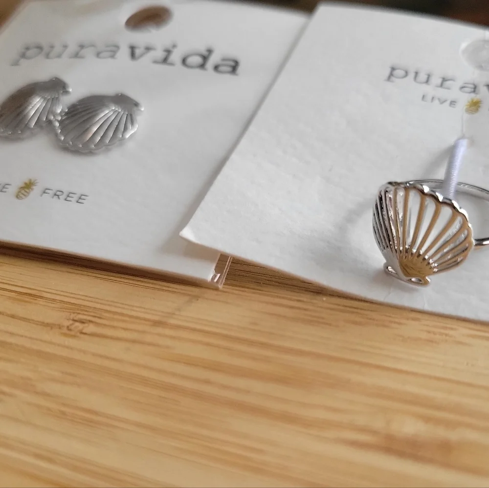 NWT Pura Vida Silver Seashell Earring & Ring Set - Picture 2 of 6